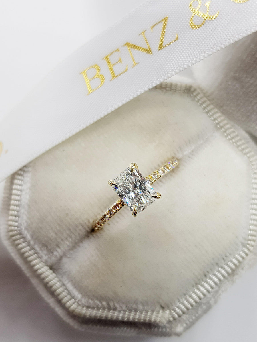 1.22 Carats Radiant Cut Micropaved Side Stones Diamond Engagement Ring - BenzDiamonds