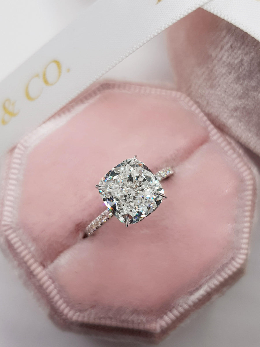 4.55 Carats Cushion Cut Micropave Side Stones Hidden Halo Diamond Engagement Ring - BenzDiamonds