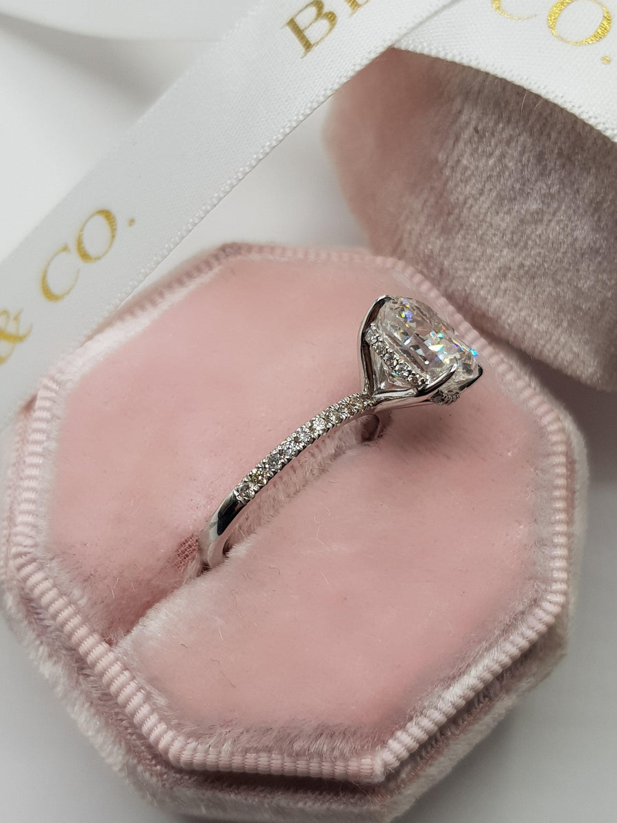 4.55 Carats Cushion Cut Micropave Side Stones Hidden Halo Diamond Engagement Ring - BenzDiamonds