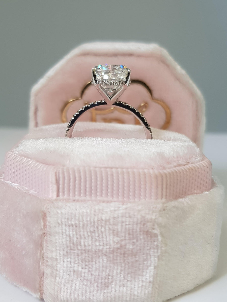 4.55 Carats Cushion Cut Micropave Side Stones Hidden Halo Diamond Engagement Ring - BenzDiamonds