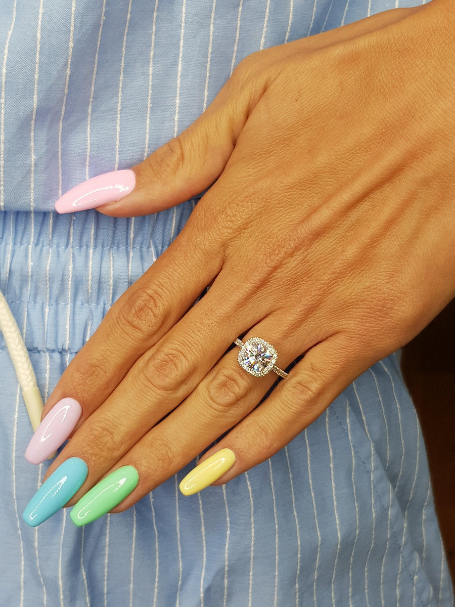 2.04 Carats Round Brilliant Cut Micropaved Cushion Shaped Halo Side Stones Diamond Engagement Ring - BenzDiamonds