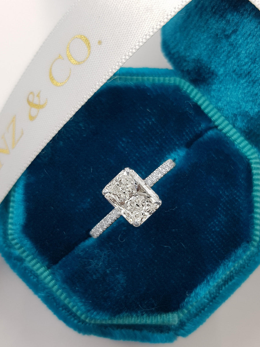 1.70 Carats Radiant Cut Micropaved Side Stones Hidden Halo Diamond Engagement Ring - BenzDiamonds