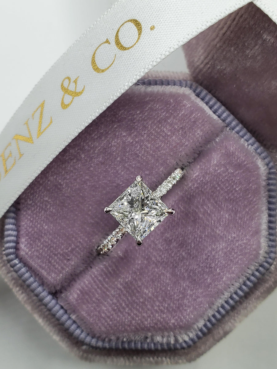 2 Carats Princess Cut Side Stones Hidden Halo Diamond Engagement Ring - BenzDiamonds