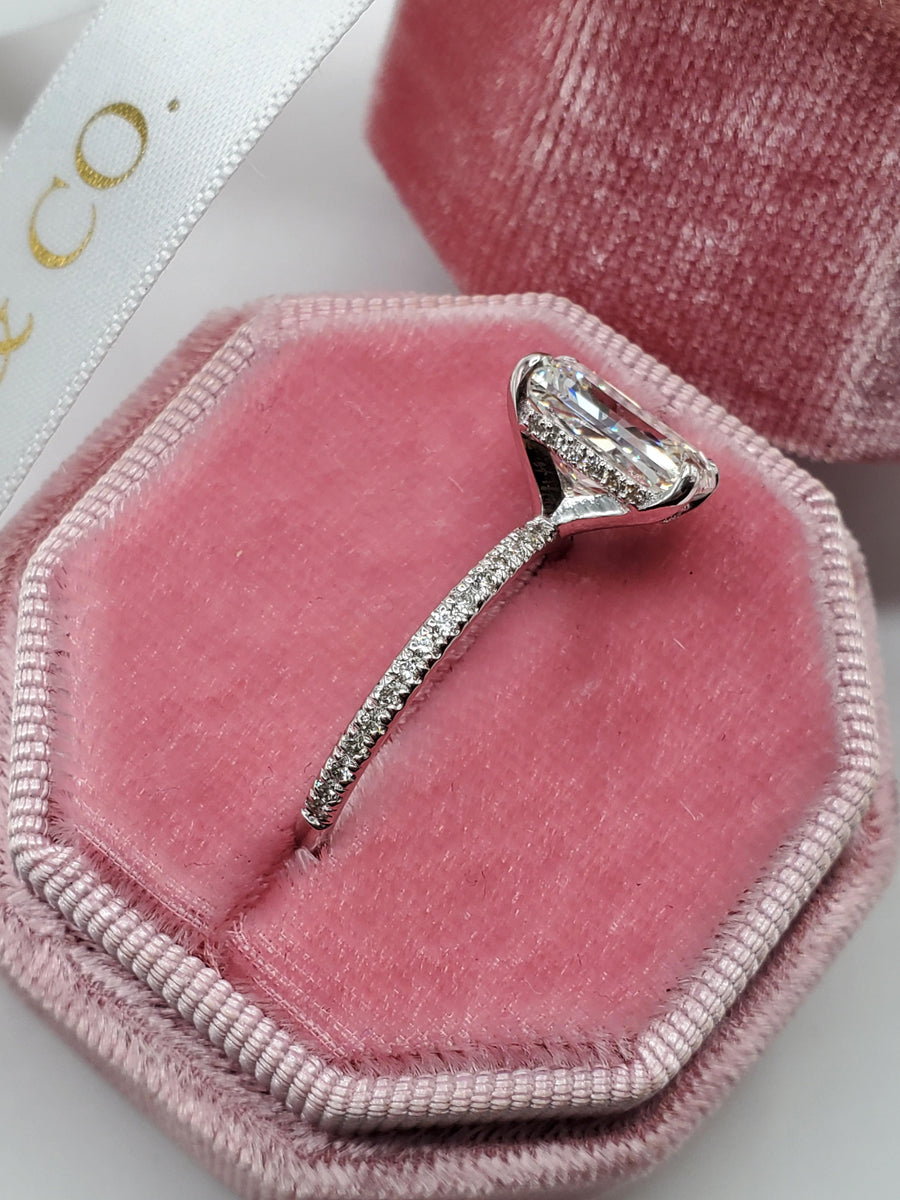 3.52 Carats Elongated Radiant Cut Micropaved Side Stones Hidden Halo Diamond Engagement Ring - BenzDiamonds