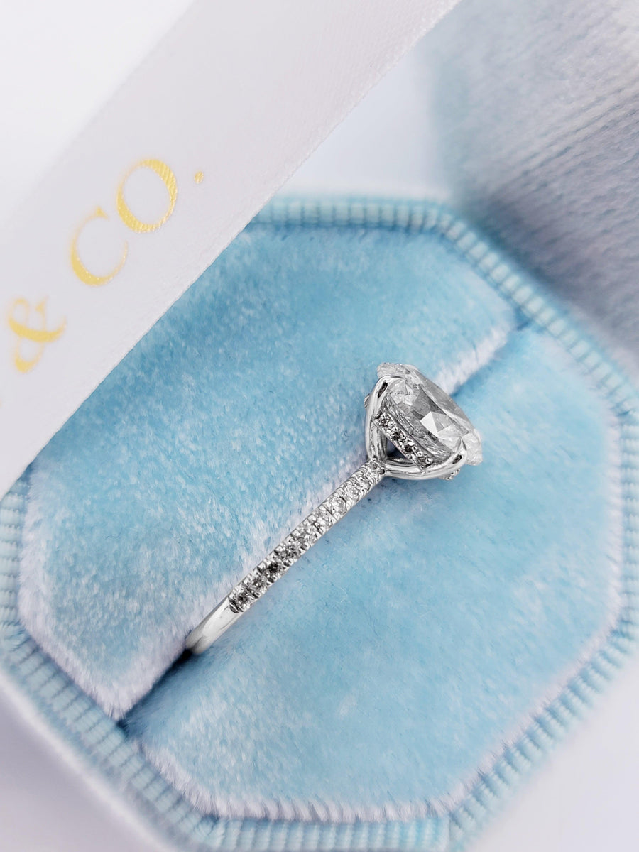 2.30 Carats Oval Cut Micropave Side Stones Hidden Halo Diamond Engagement Ring - BenzDiamonds