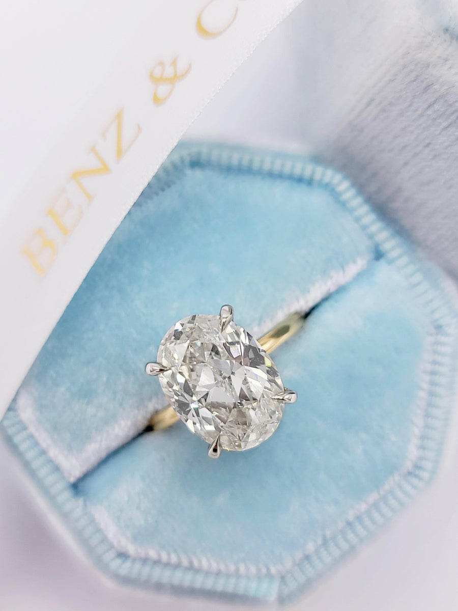 5.25 Carats Oval Cut Solitaire Hidden Halo Two Tone Diamond Engagement Ring - BenzDiamonds