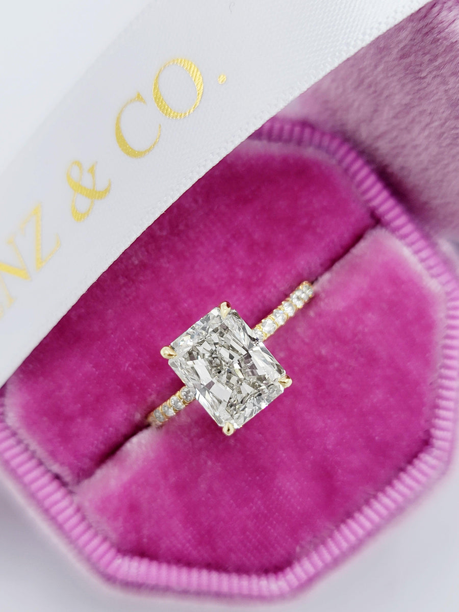 3.18 Carats Radiant Cut Micropaved Side Stones Hidden Halo Diamond Engagement Ring - BenzDiamonds
