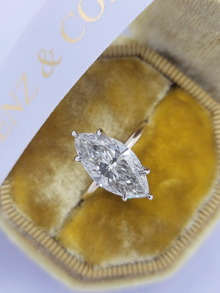 4.09 Carats Marquise Cut Two Tone Solitaire Hidden Halo Diamond Engagement Ring - BenzDiamonds