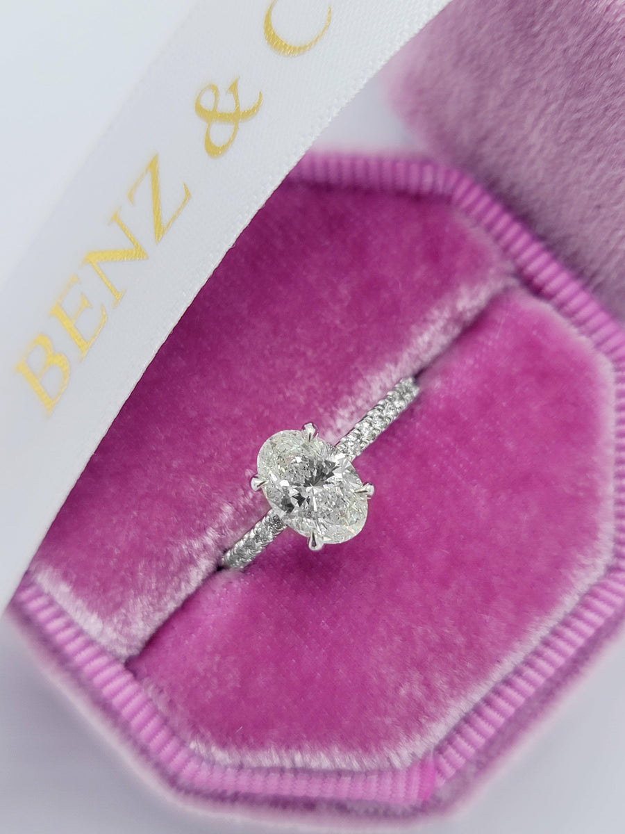 1.52 Carats Oval Cut Micropave Side Stones Hidden Halo Diamond Engagement Ring - BenzDiamonds