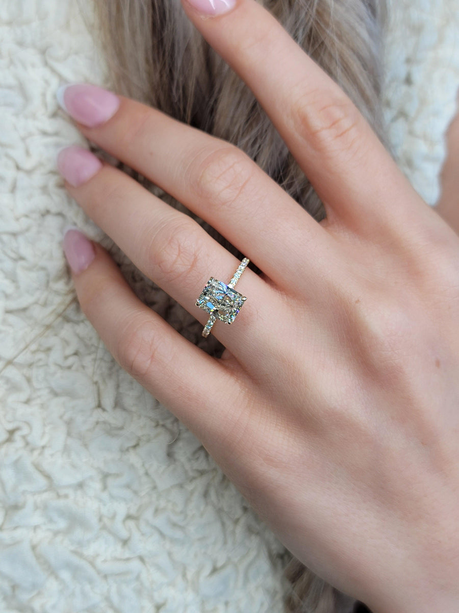 3.18 Carats Radiant Cut Micropaved Side Stones Hidden Halo Diamond Engagement Ring - BenzDiamonds