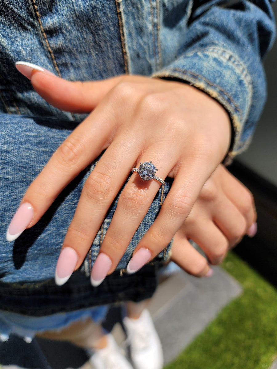 4 Carats Round Brilliant Cut Micropave Side Stones Hidden Halo Diamond Engagement Ring - BenzDiamonds