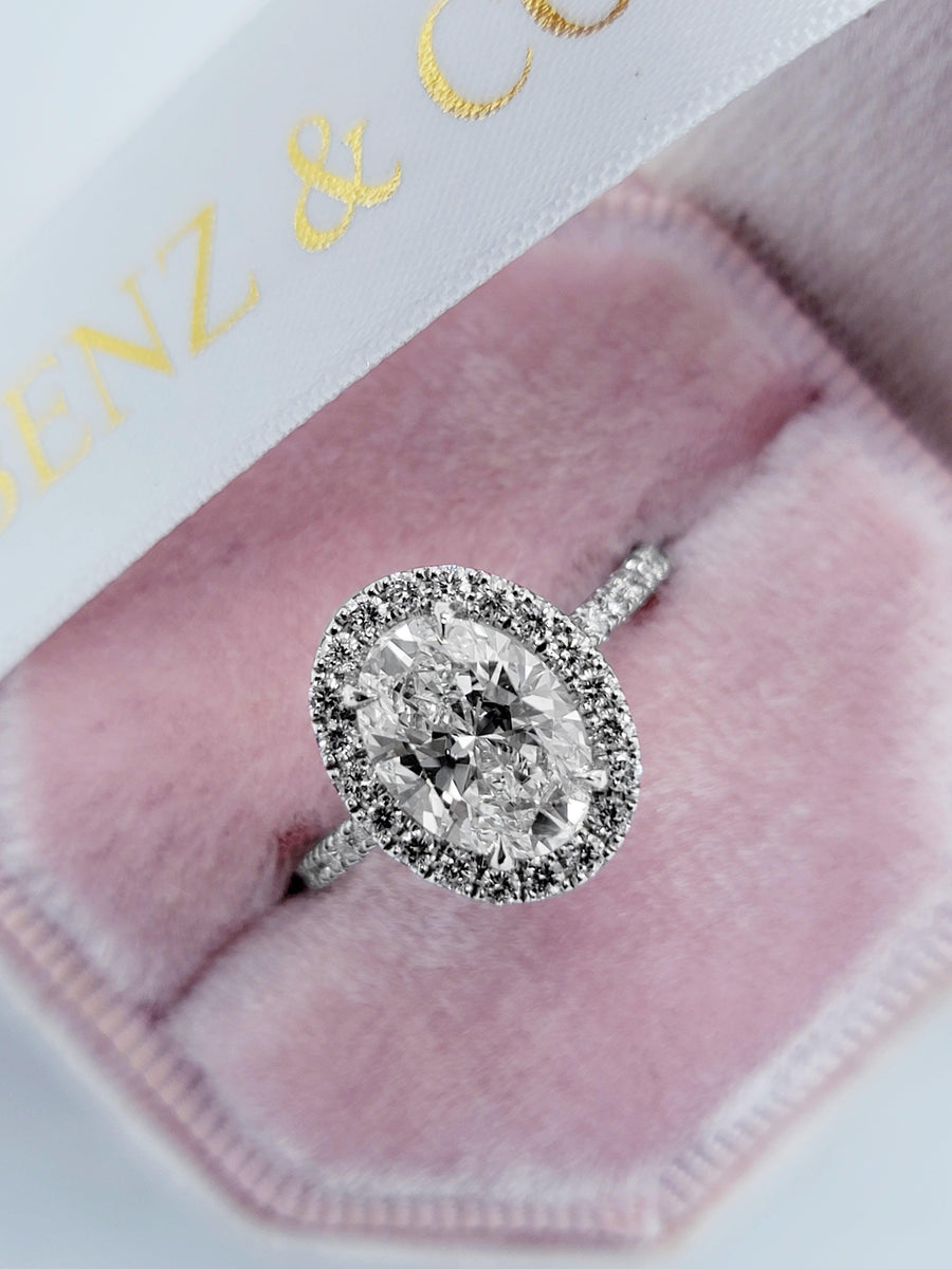2.60 Carats Lab Grown Oval Cut Micropave Halo Side Stones Diamond Engagement Ring - BenzDiamonds