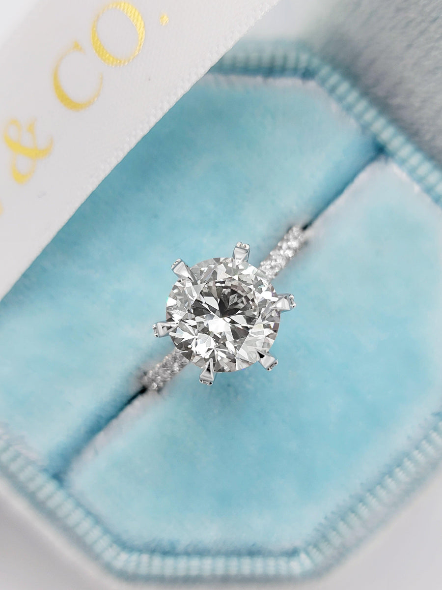 2.55 Carats Lab Grown Round Brilliant Cut Micropave Side Stones Accented Prongs Diamond Engagement Ring - BenzDiamonds
