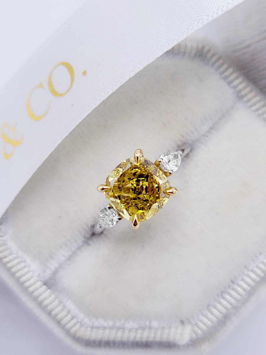 2.40 Carats Fancy Vivid Yellow Cushion Cut with 2 Pear Shape Side Stones Diamond Engagement Ring
