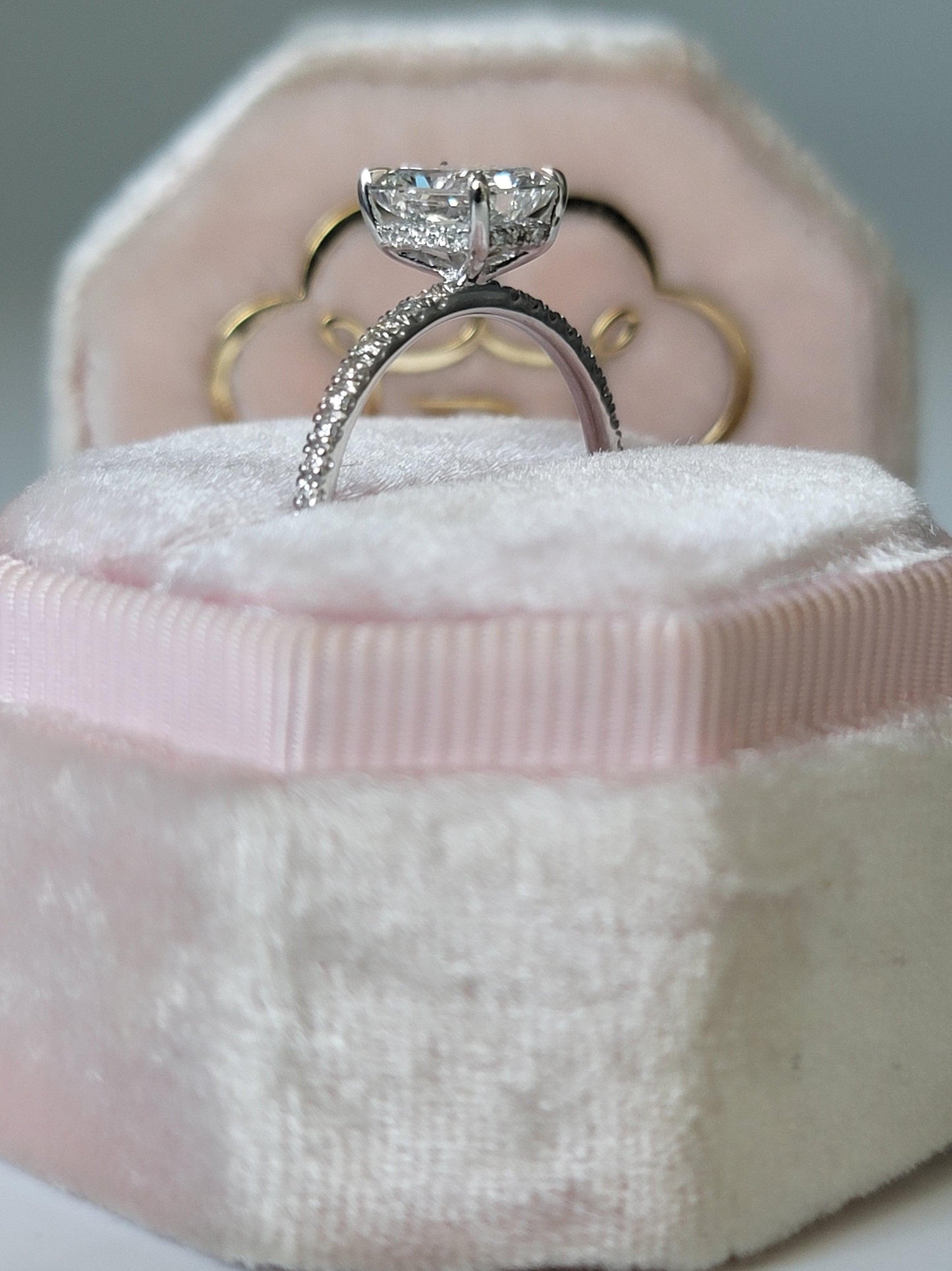 2 Carats Lab Grown Radiant Cut Micropaved Side Stones Hidden Halo Diamond Engagement Ring - BenzDiamonds