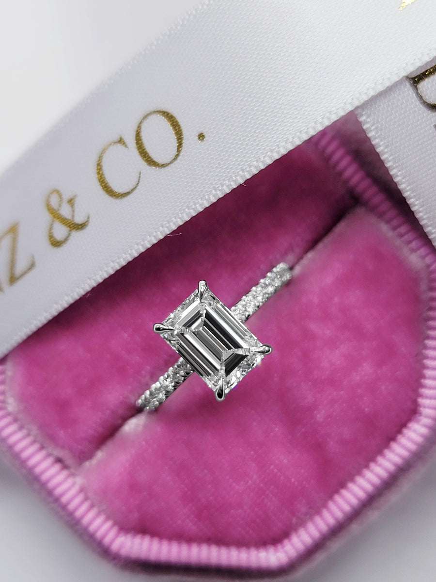2 Carats Lab Grown Emerald Cut Micropaved Side Stones Hidden Halo Diamond Engagement Ring - BenzDiamonds