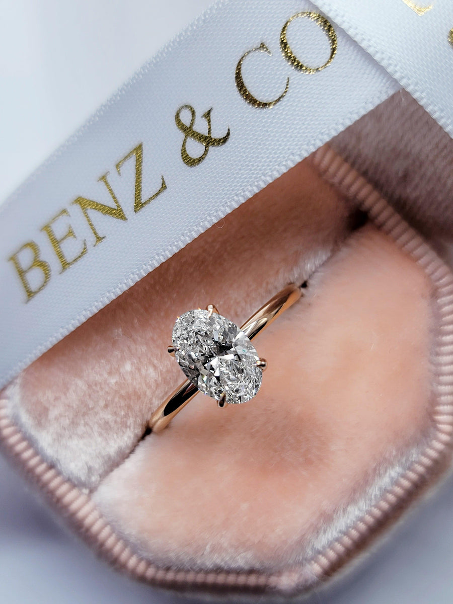 1.42 Carats Lab Grown Oval Cut Solitaire Hidden Halo Diamond Engagement Ring - BenzDiamonds