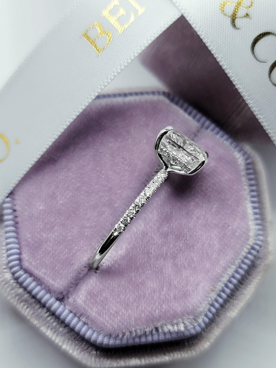 3 Carats Lab Grown Elongated Cushion Cut Micropaved Side Stones Hidden Halo Diamond Engagement Ring - BenzDiamonds