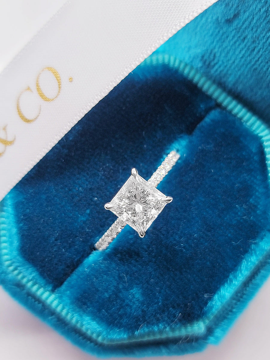 1.50 Carats Lab Grown Princess Cut Micropaved Side Stones Hidden Halo Diamond Engagement Ring - BenzDiamonds