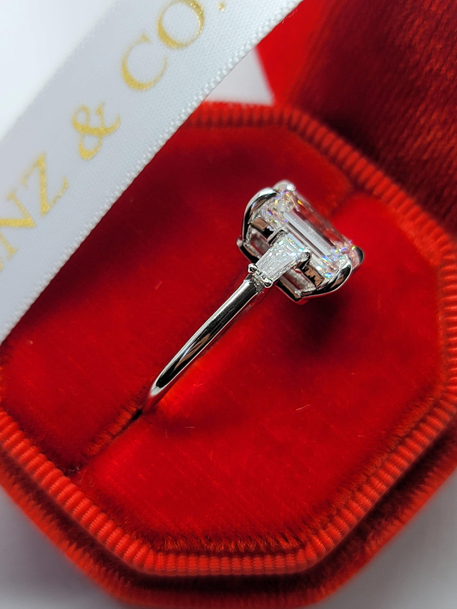 3.39 Carats Lab Grown Emerald Cut with Baguettes Three Stone Diamond Engagement Ring - BenzDiamonds