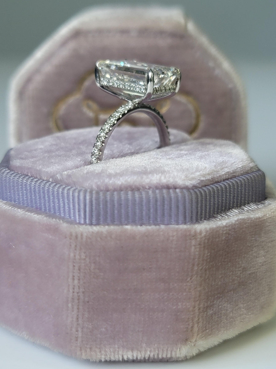 5.56 Carats Lab Grown Emerald Cut Micropaved Side Stones Hidden Halo Diamond Engagement Ring - BenzDiamonds
