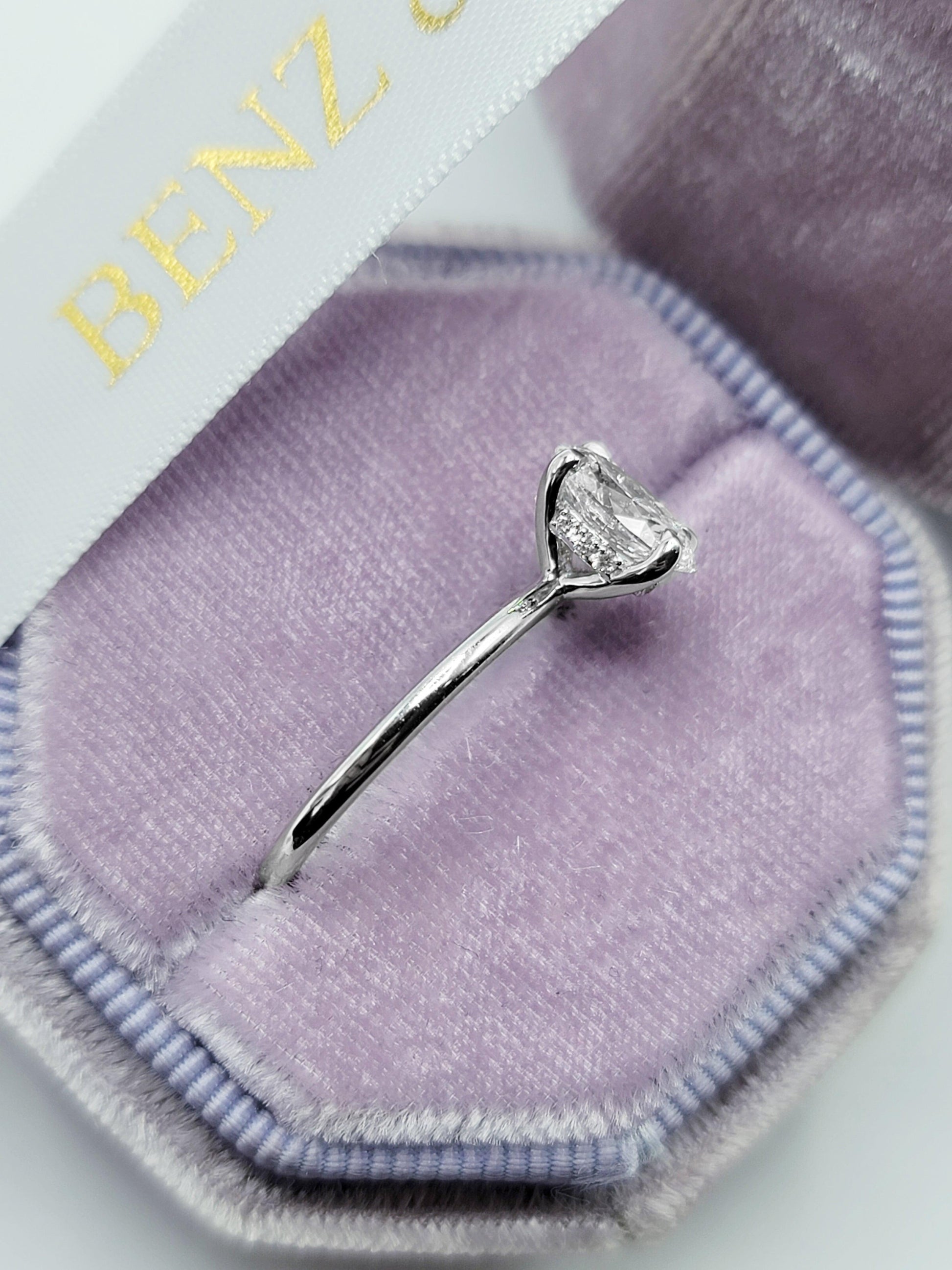 1.15 Carats Lab Grown Oval Cut Solitaire Hidden Halo Diamond Engagement Ring - BenzDiamonds