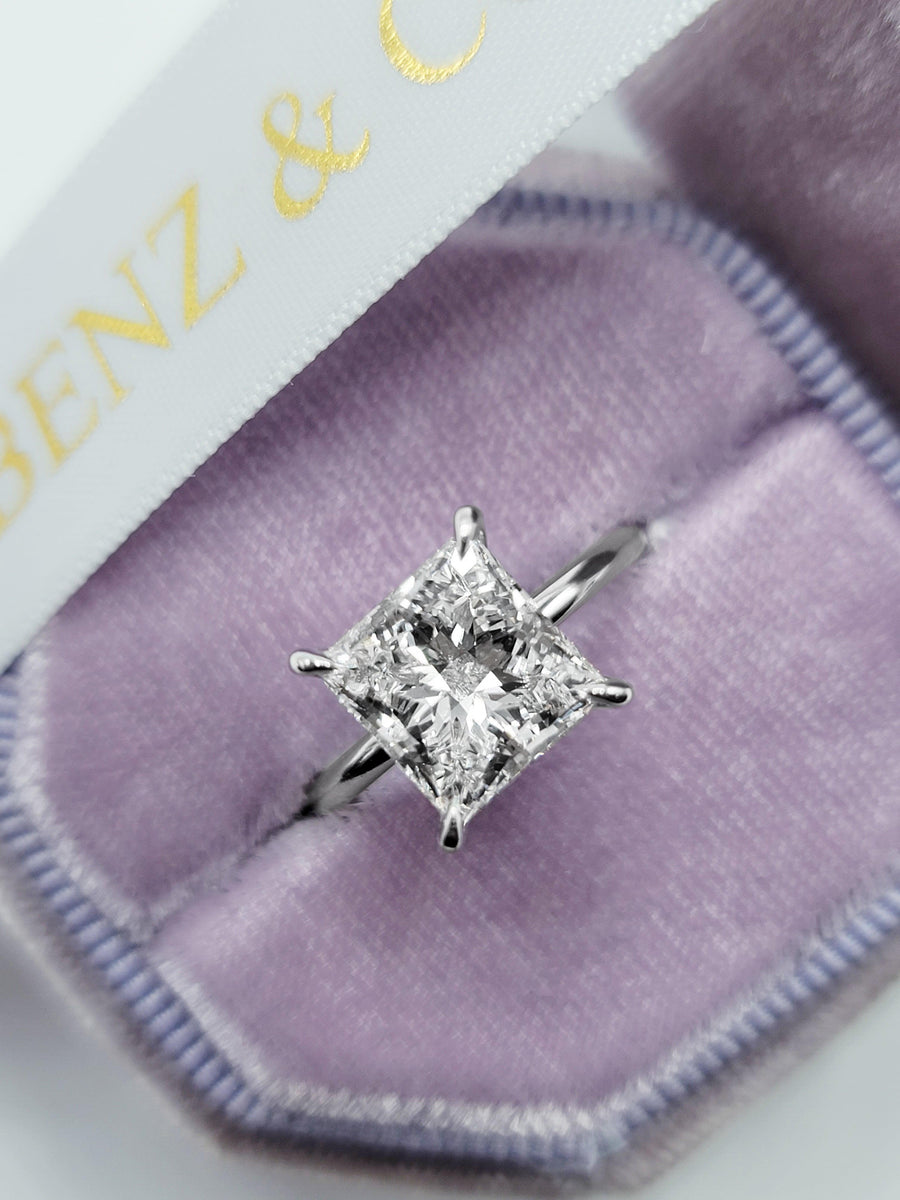 3.32 Carats Lab Grown Princess Cut Solitaire Hidden Halo Diamond Engagement Ring - BenzDiamonds
