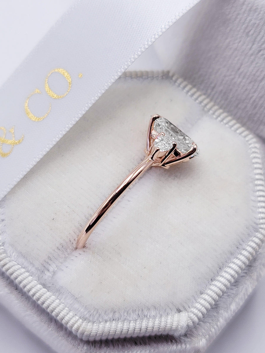 2.29 Carats Lab Grown Oval Cut with Pear Shape Side Stones Diamond Engagement Ring in Rose Gold - BenzDiamonds