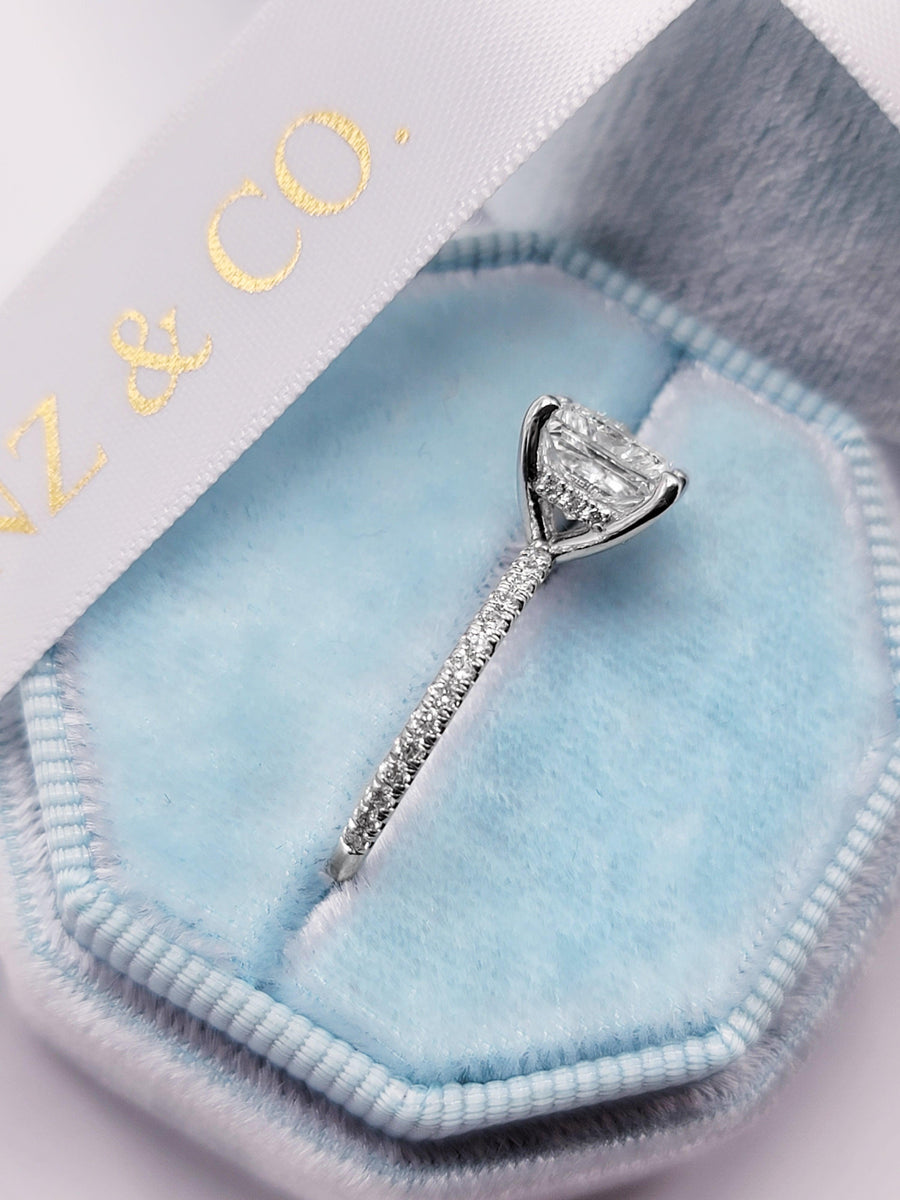 2.50 Carats Lab Grown Princess Cut Micropaved Side Stones Hidden Halo Diamond Engagement Ring - BenzDiamonds