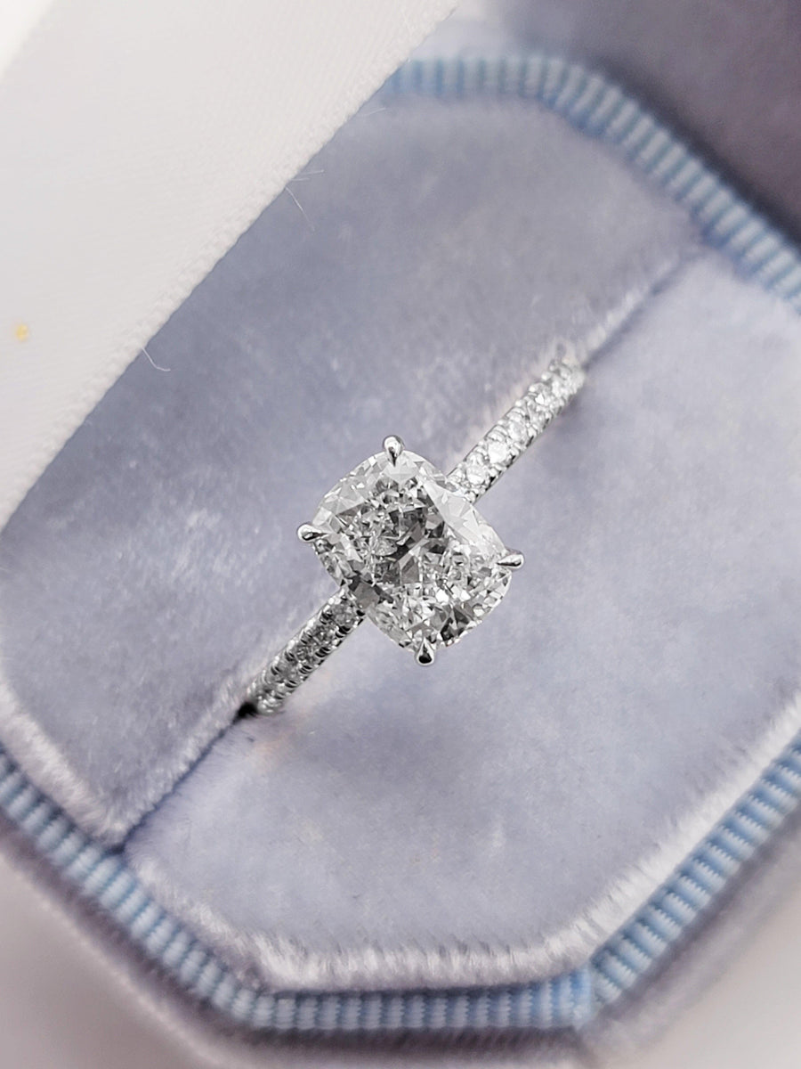 2 Carats Lab Grown Elongated Cushion Cut Micropaved Side Stones Hidden Halo Diamond Engagement Ring - BenzDiamonds