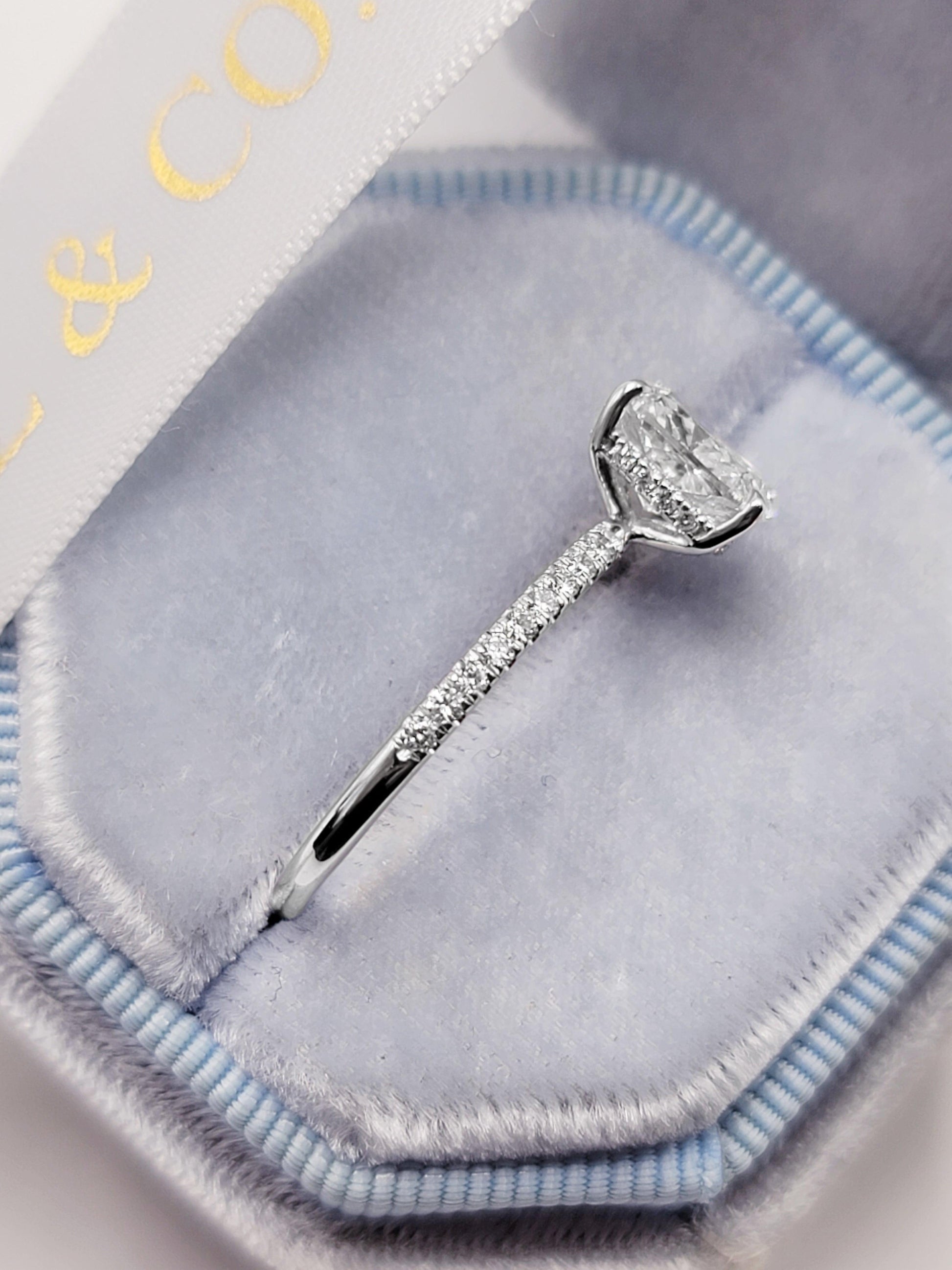 2 Carats Lab Grown Elongated Cushion Cut Micropaved Side Stones Hidden Halo Diamond Engagement Ring - BenzDiamonds