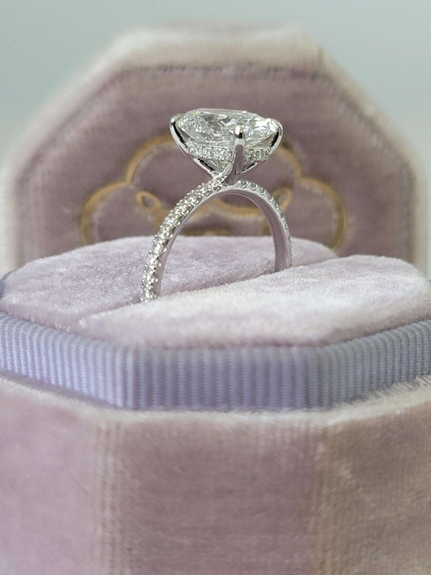 2.75 Carats Lab Grown Oval Cut Micropaved Side Stones Hidden Halo Diamond Engagement Ring - BenzDiamonds
