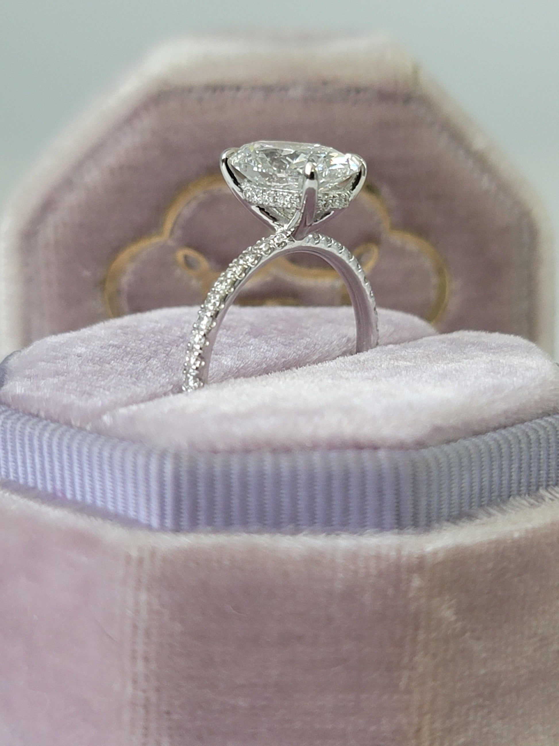 2.75 Carats Lab Grown Oval Cut Micropaved Side Stones Hidden Halo Diamond Engagement Ring - BenzDiamonds