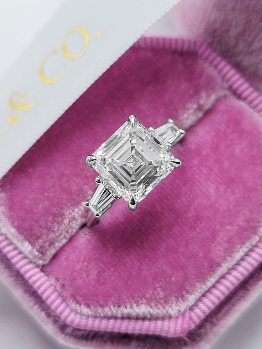 4.53 Carats Lab Grown Asscher Cut with Tapered Baguettes Diamond Engagement Ring - BenzDiamonds