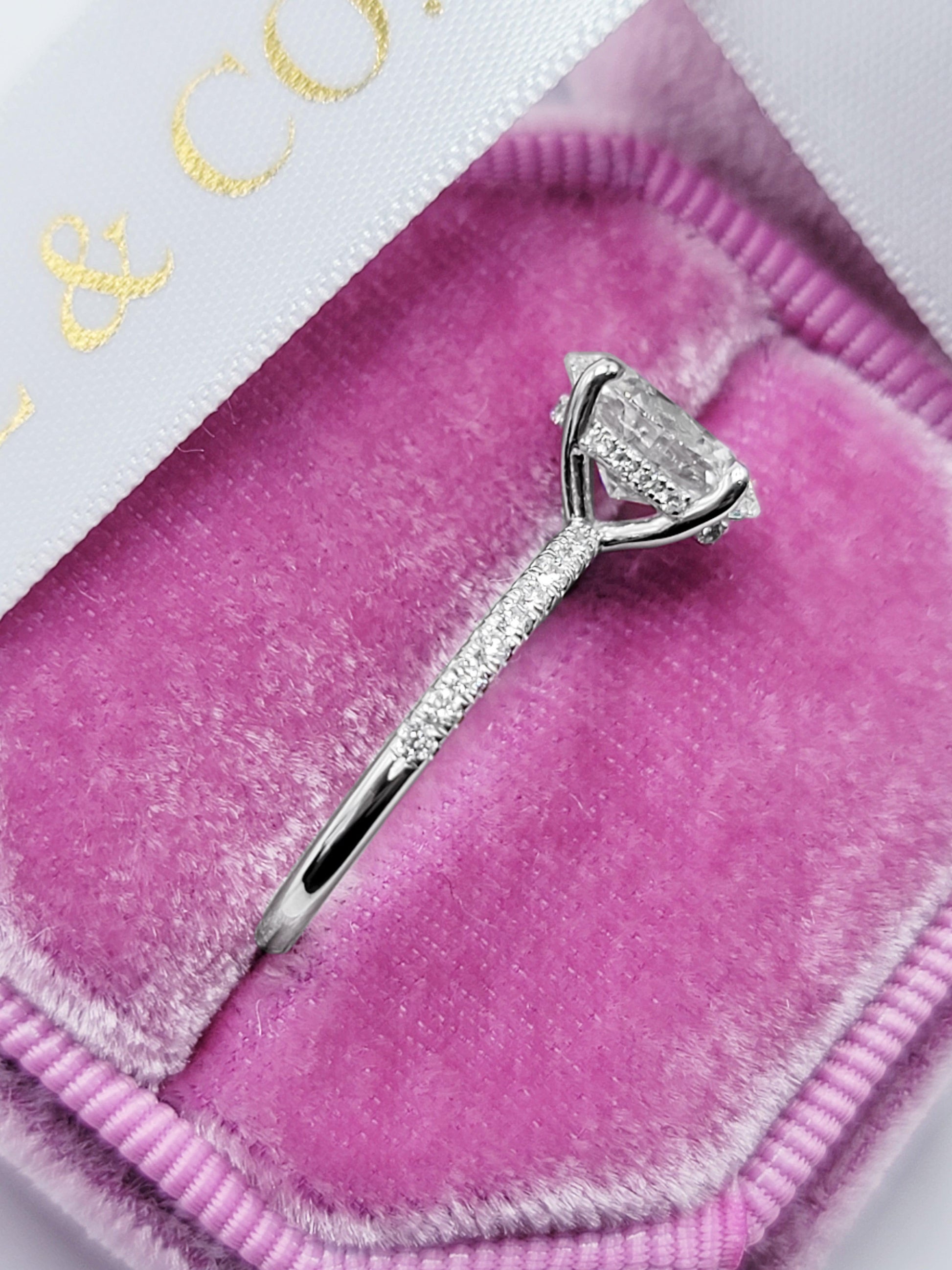 2.25 Carats Lab Grown Oval Cut Micropaved Side Stones Hidden Halo Diamond Engagement Ring - BenzDiamonds