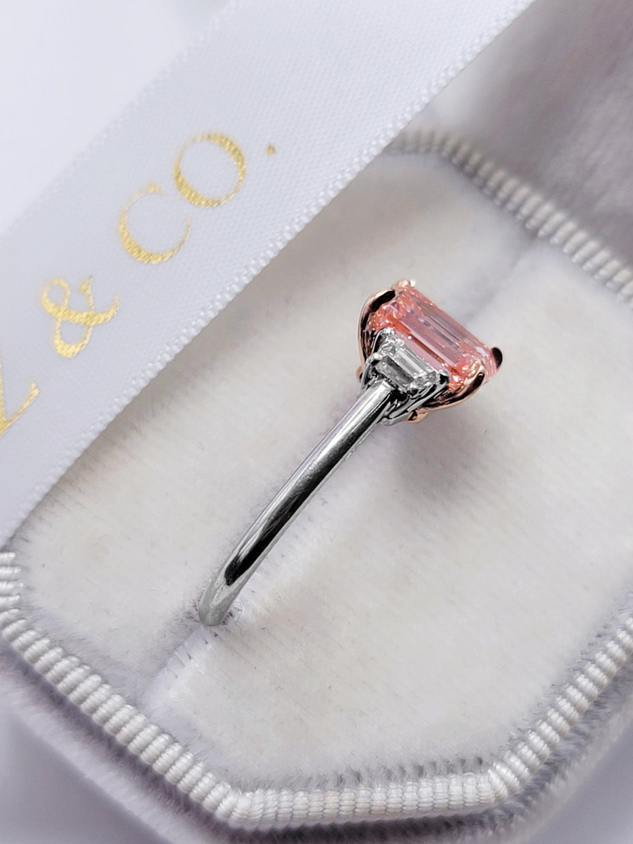 2.50 Carats Lab Grown Fancy Vivid Pink Emerald Cut with Trapezoid Side Stones Diamond Engagement Ring - BenzDiamonds