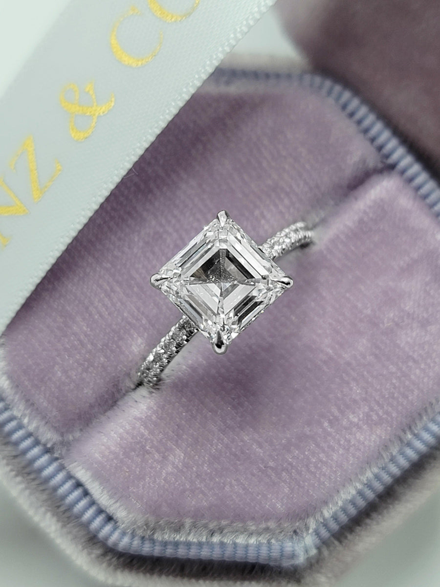 3.53 Carats Lab Grown Asscher Cut Micropaved Side Stones Hidden Halo Diamond Engagement Ring - BenzDiamonds