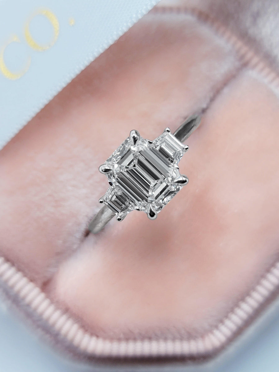 1.89 Carats Lab Grown Emerald Cut with Trapezoid Side Stones Diamond Engagement Ring - BenzDiamonds