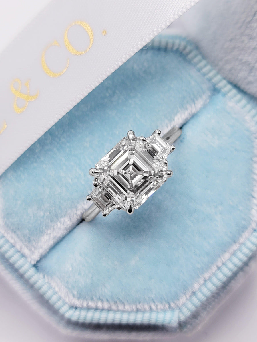 3.56 Carats Lab Grown Asscher Cut with Trapezoid Side Stones Diamond Engagement Ring - BenzDiamonds