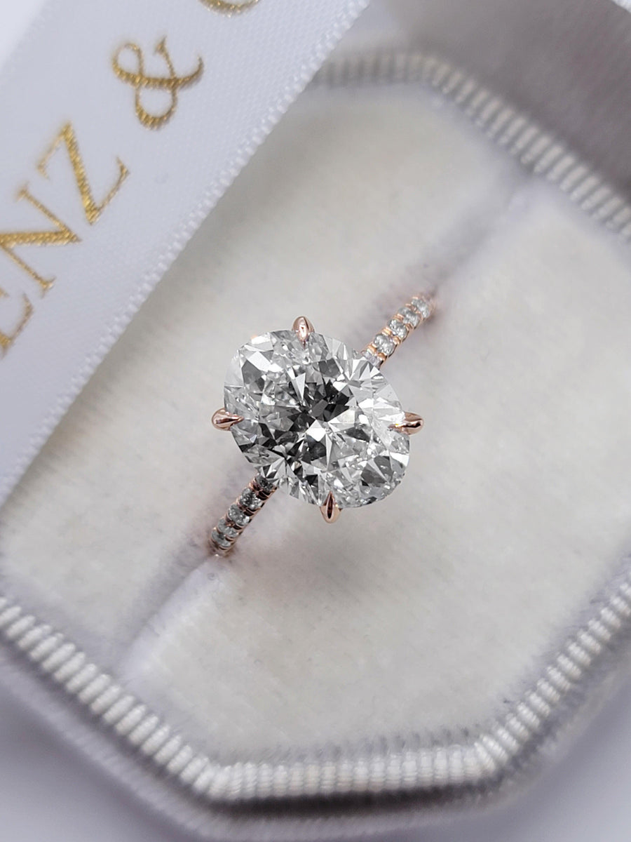 3.30 Carats Lab Grown Oval Cut Micropaved Side Stones Hidden Halo Diamond Engagement Ring - BenzDiamonds