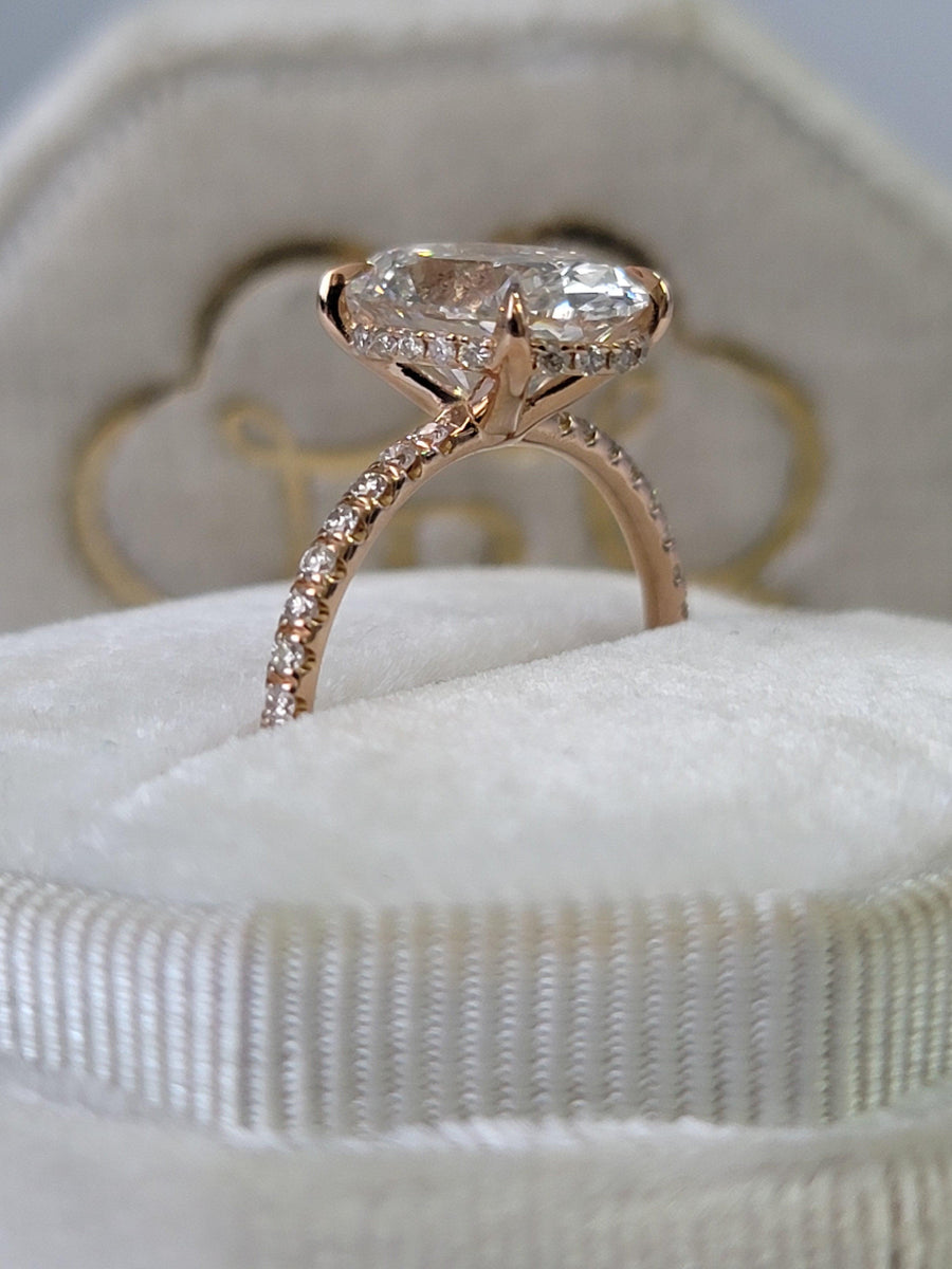 3.30 Carats Lab Grown Oval Cut Micropaved Side Stones Hidden Halo Diamond Engagement Ring - BenzDiamonds