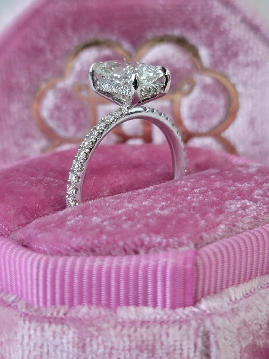 2.50 Carats Lab Grown Elongated Cushion Cut Micropaved Side Stones Hidden Halo Diamond Engagement Ring - BenzDiamonds