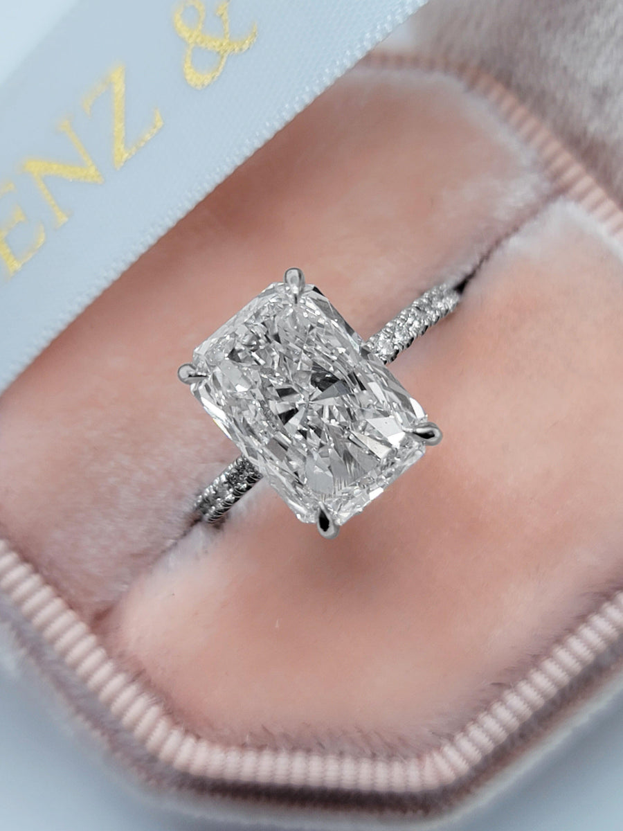 5.54 Carats Lab Grown Radiant Cut Micropaved Side Stones Hidden Halo Diamond Engagement Ring - BenzDiamonds