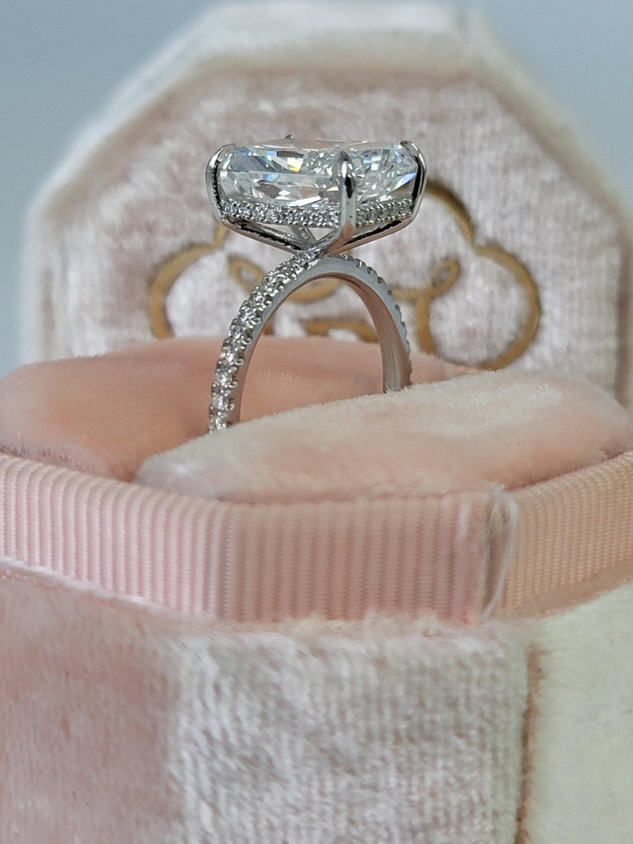 5.54 Carats Lab Grown Radiant Cut Micropaved Side Stones Hidden Halo Diamond Engagement Ring - BenzDiamonds