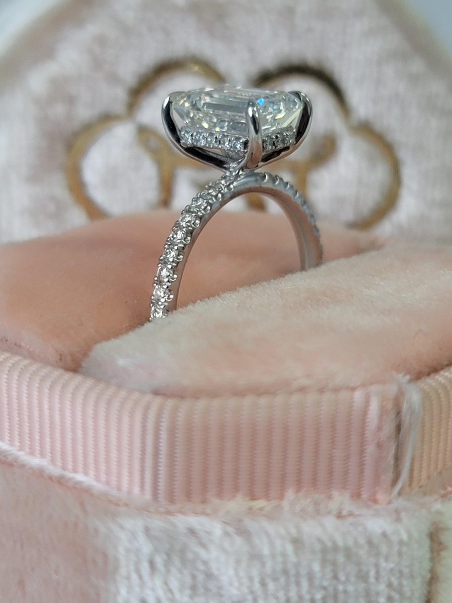 2.52 Carats Lab Grown Emerald Cut Micropaved Side Stones Hidden Halo Diamond Engagement Ring - BenzDiamonds