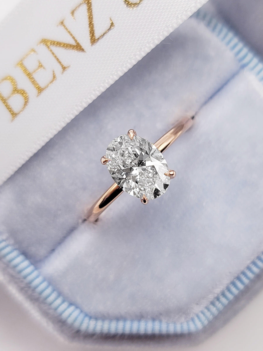 1.70 Carats Lab Grown Oval Cut Solitaire Hidden Halo Diamond Engagement Ring - BenzDiamonds