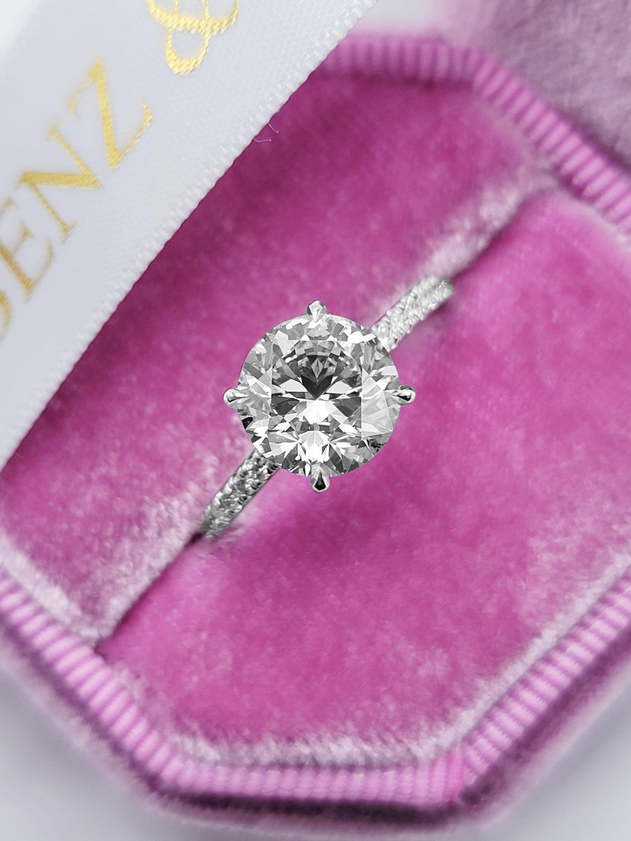 2.50 Carats Lab Grown Round Brilliant Cut Micropave Side Stones Hidden Halo Accented Prongs Diamond Engagement Ring - BenzDiamonds