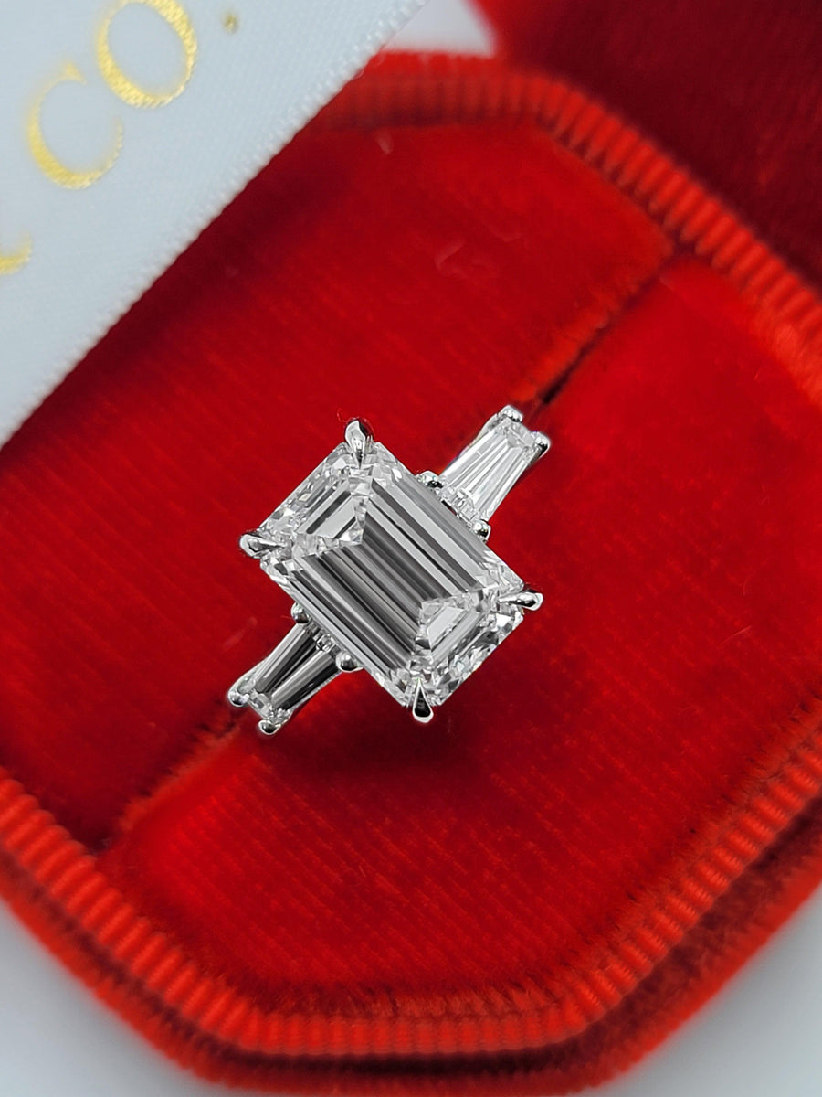3.39 Carats Lab Grown Emerald Cut with Baguettes Three Stone Diamond Engagement Ring - BenzDiamonds