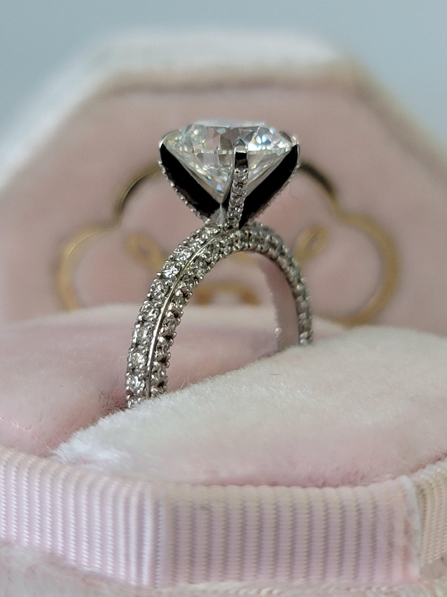 3.75 Carats Lab Grown Round Brilliant Cut Trio-Micropave Side Stones Diamond Engagement Ring - BenzDiamonds