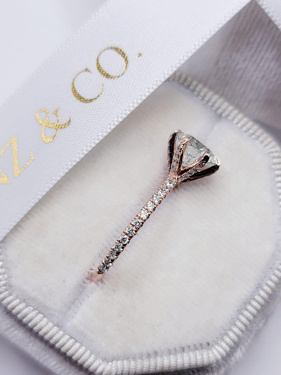1.70 Carats Lab Grown Round Brilliant Cut Micropave Side Stones Accented Prongs Diamond Engagement Ring in Rose Gold - BenzDiamonds